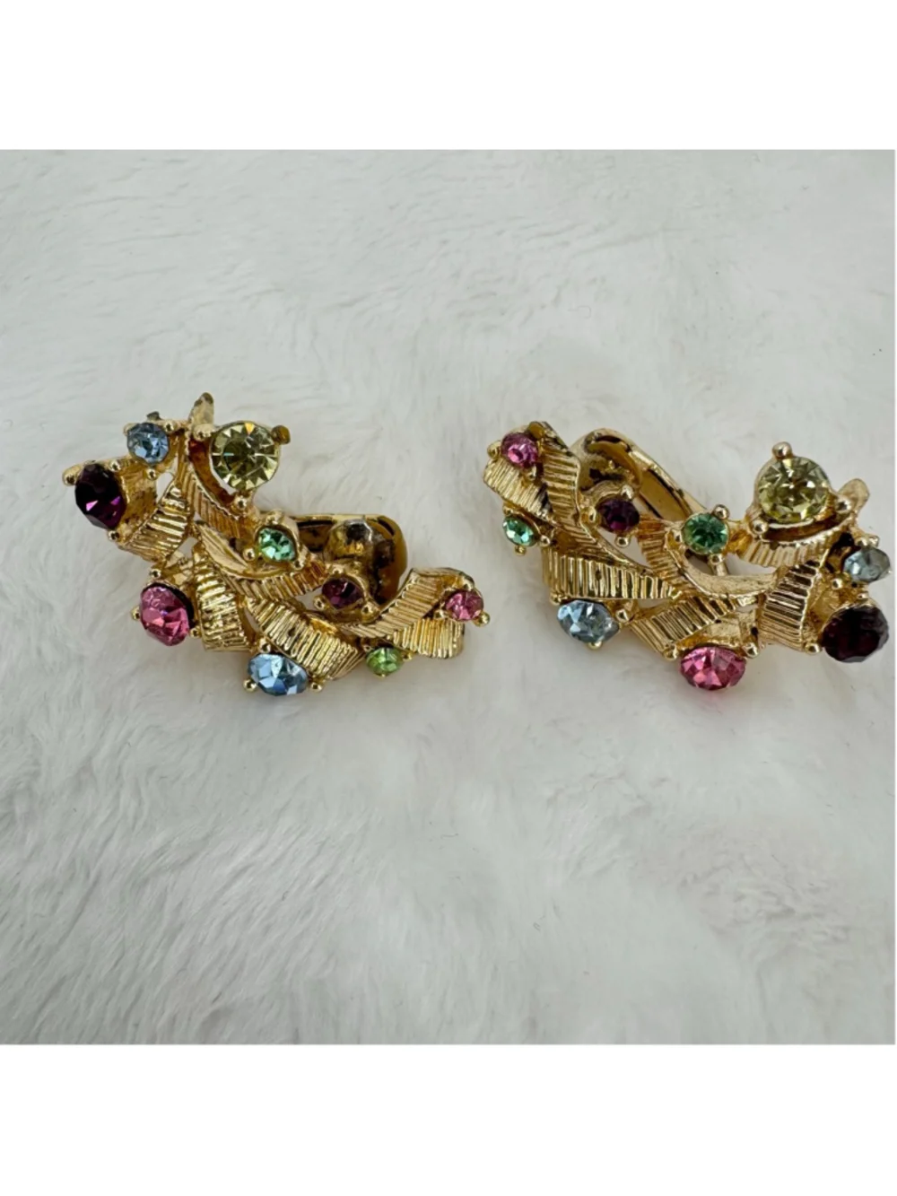 Vintage Clip On Earrings Multicolor Rhinestones Gold Tone